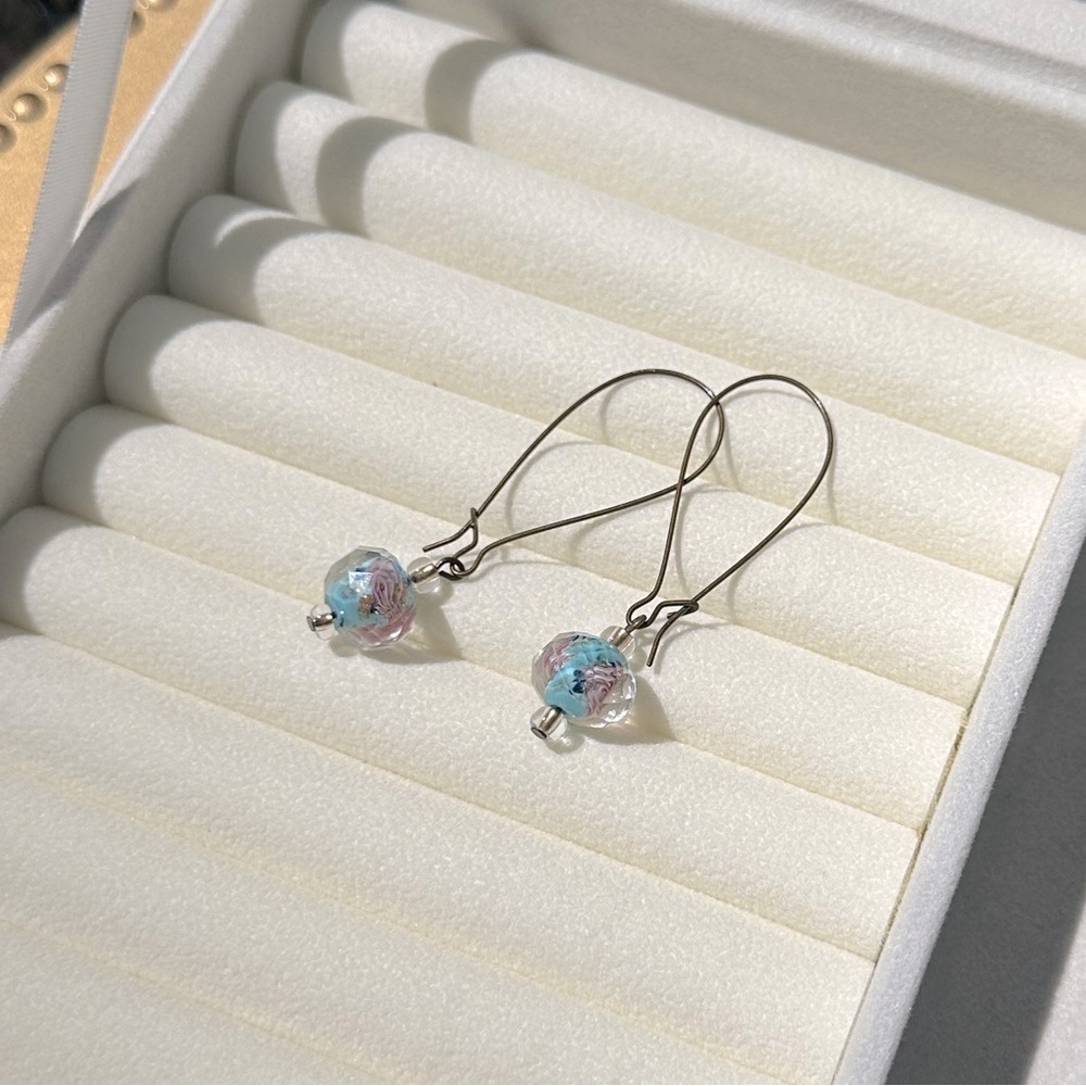 Handmade Burnished Brass Blue & Pink Rose Drop Earrings Kidney Wires Boho Look - Picture 5 of 6